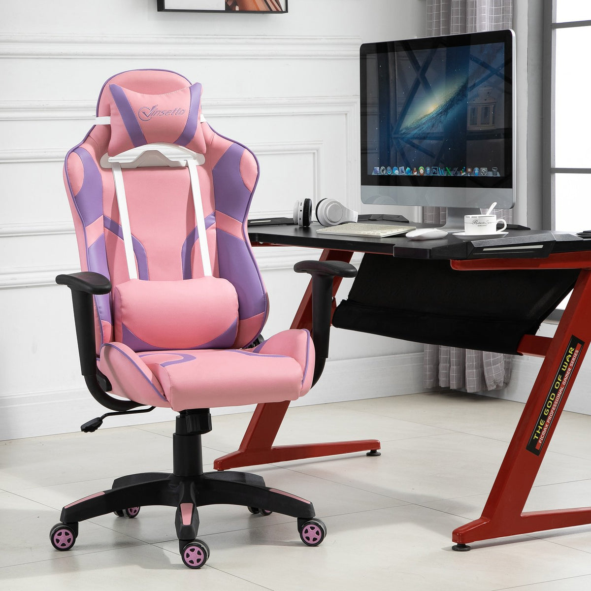 Gaming Chair Ergonomic Office Chair, Swivel Chair, Adjustable Massage Lumbar Cushion, Height Adjustable, Pink & Purple, 69X56X125.5Cm