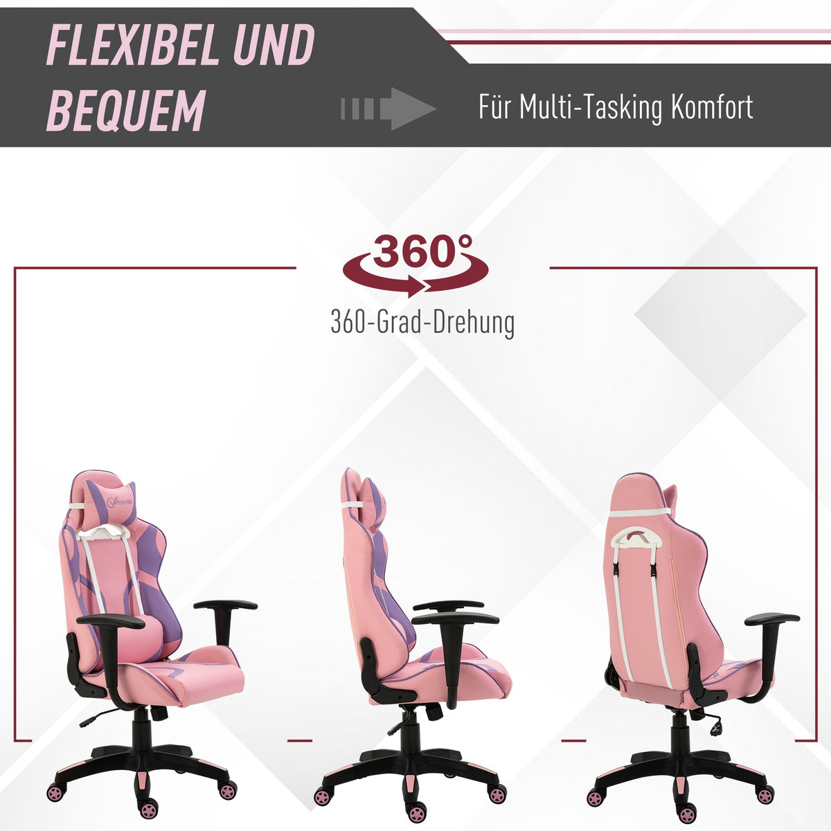 Gaming Chair Ergonomic Office Chair, Swivel Chair, Adjustable Massage Lumbar Cushion, Height Adjustable, Pink & Purple, 69X56X125.5Cm