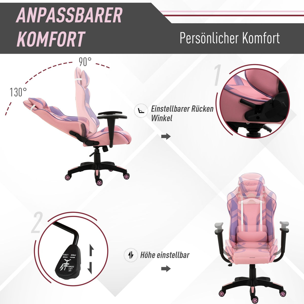 Gaming Chair Ergonomic Office Chair, Swivel Chair, Adjustable Massage Lumbar Cushion, Height Adjustable, Pink & Purple, 69X56X125.5Cm