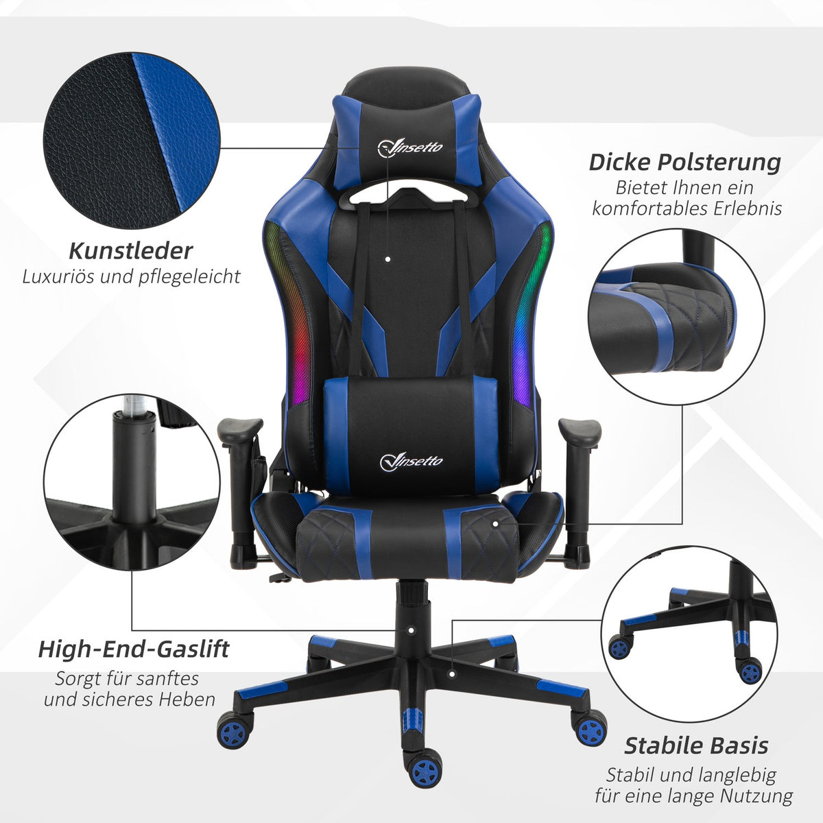 Gaming Chair Led Office Chair With Armrest, High Backrest, Ergonomic, Handrail Can Be Raised, 70X57.5X126-136Cm