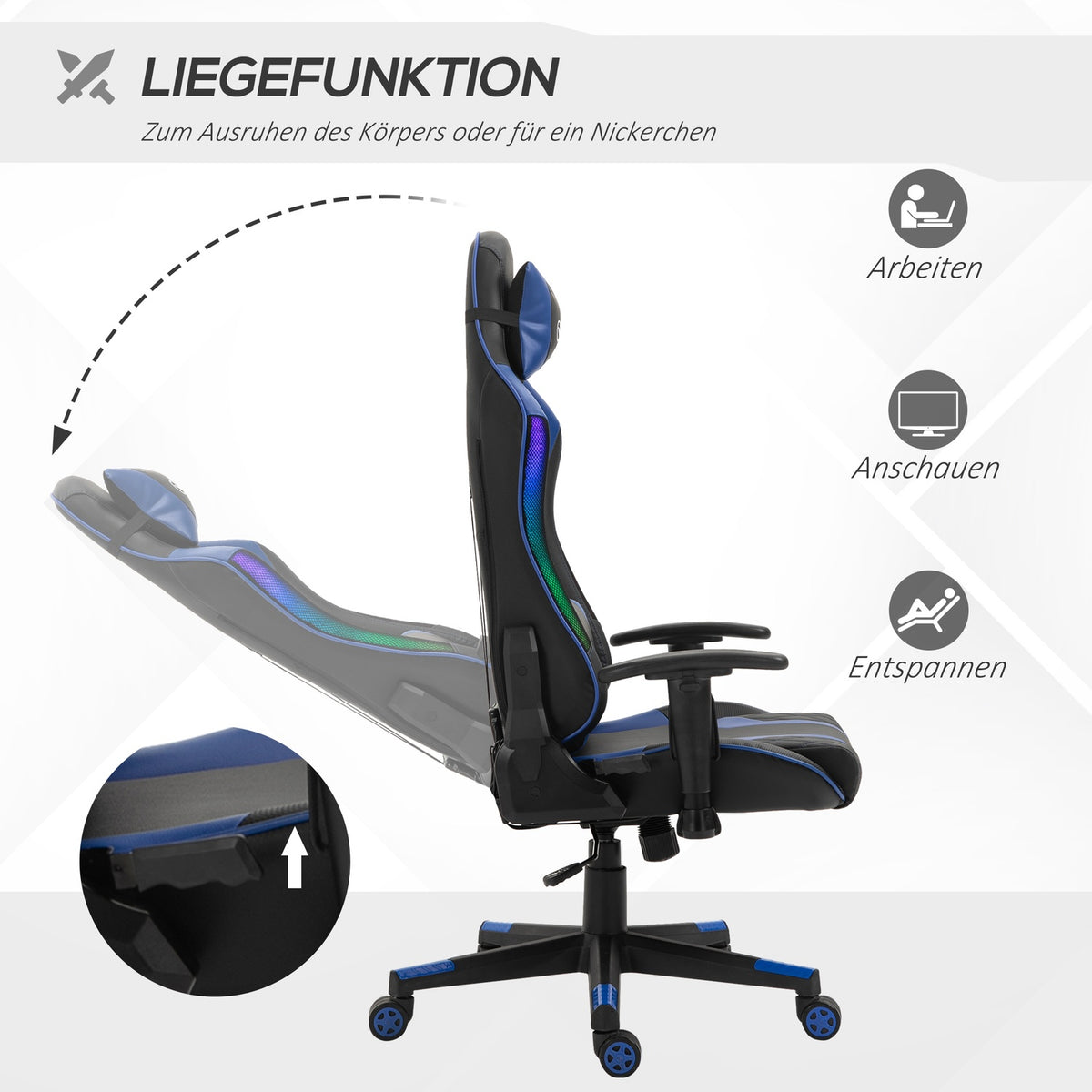 Gaming Chair Led Office Chair With Armrest, High Backrest, Ergonomic, Handrail Can Be Raised, 70X57.5X126-136Cm