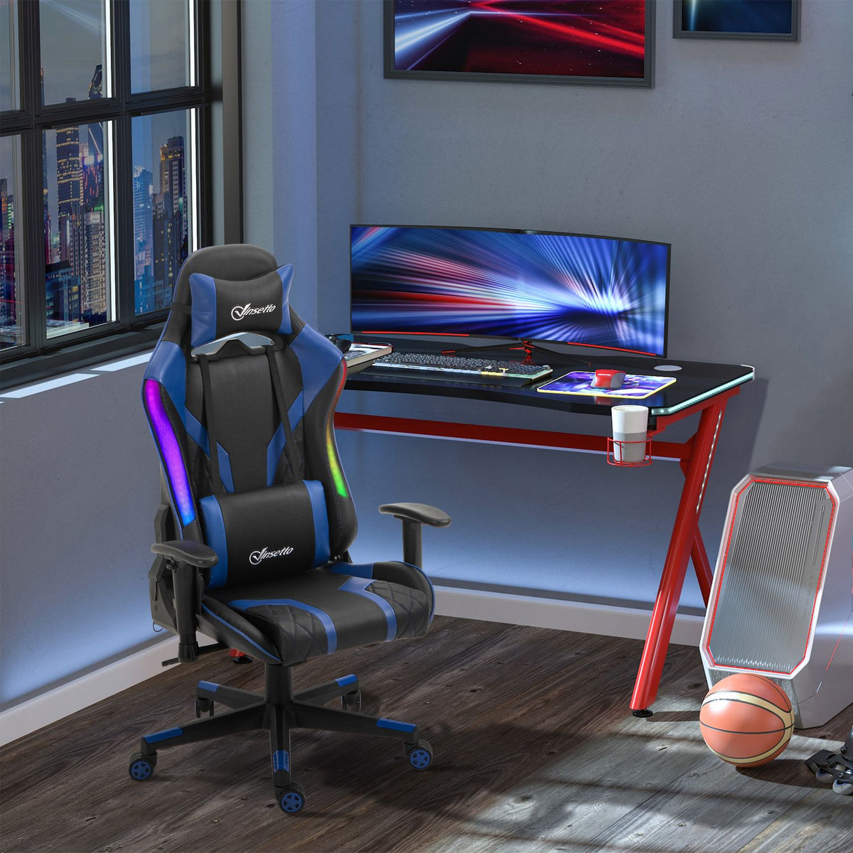 Gaming Chair Led Office Chair With Armrest, High Backrest, Ergonomic, Handrail Can Be Raised, 70X57.5X126-136Cm