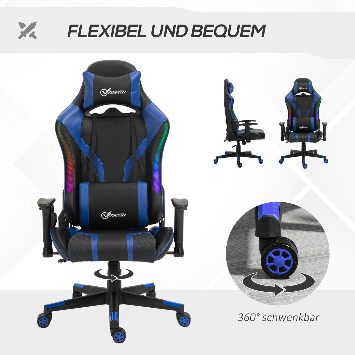 Gaming Chair Led Office Chair With Armrest, High Backrest, Ergonomic, Handrail Can Be Raised, 70X57.5X126-136Cm