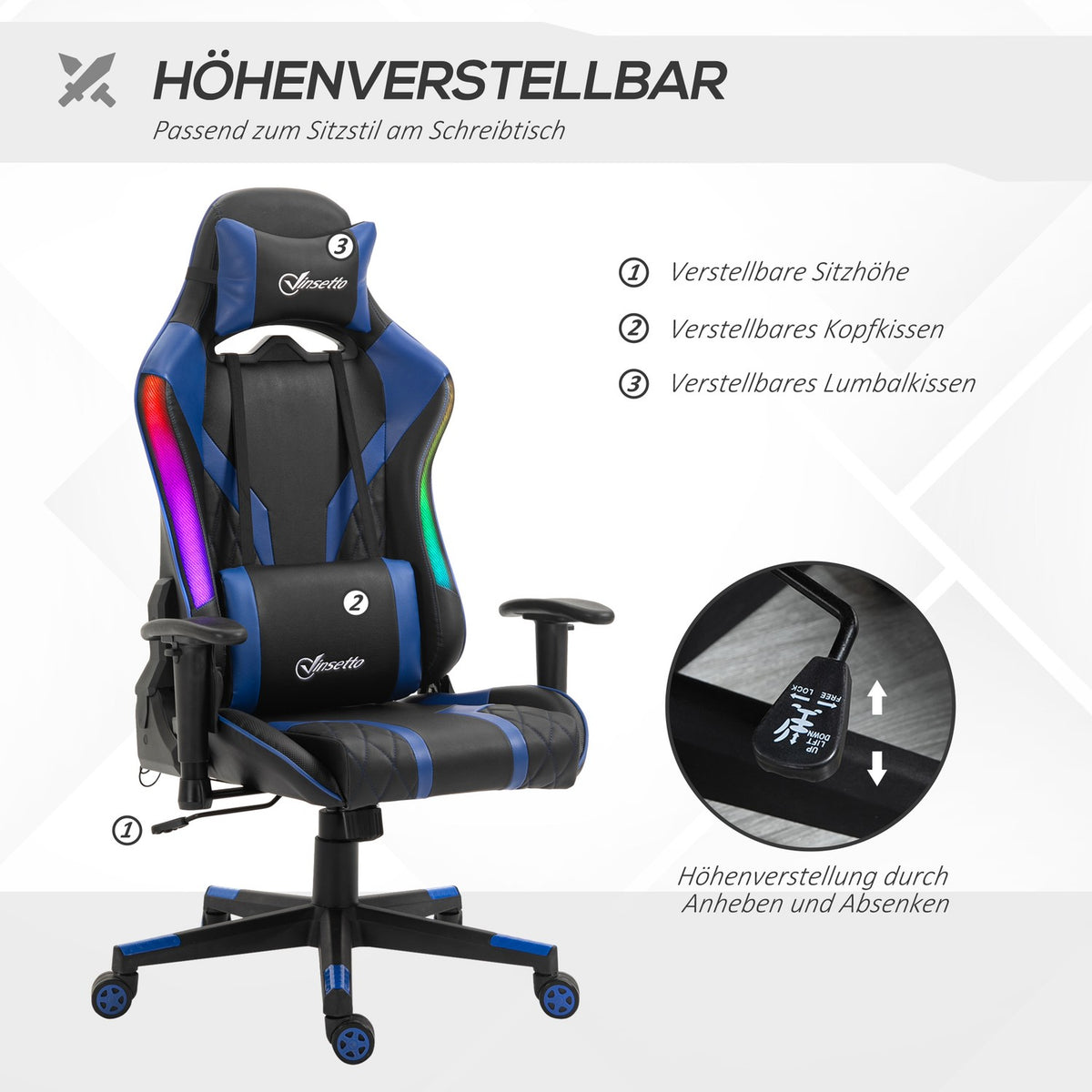 Gaming Chair Led Office Chair With Armrest, High Backrest, Ergonomic, Handrail Can Be Raised, 70X57.5X126-136Cm