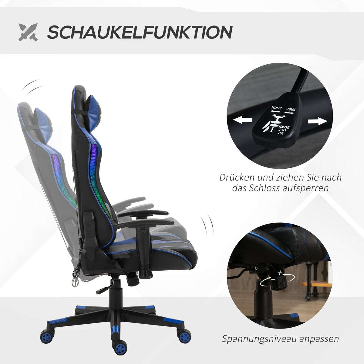 Gaming Chair Led Office Chair With Armrest, High Backrest, Ergonomic, Handrail Can Be Raised, 70X57.5X126-136Cm
