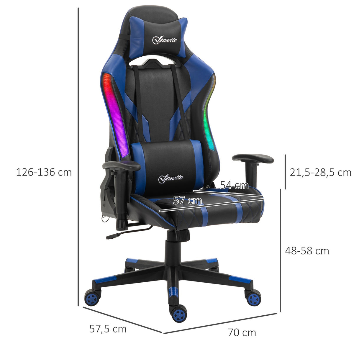 Gaming Chair Led Office Chair With Armrest, High Backrest, Ergonomic, Handrail Can Be Raised, 70X57.5X126-136Cm