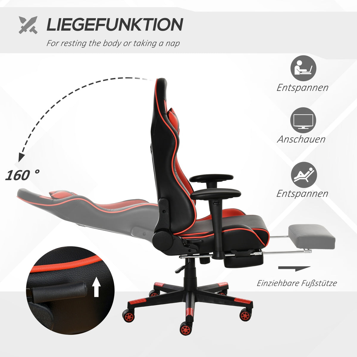 Gaming Chair, Office Chair, Desk Chair, With Footrest, Rocking & Reclining Function, Ergonomic, 72X121-130Cm