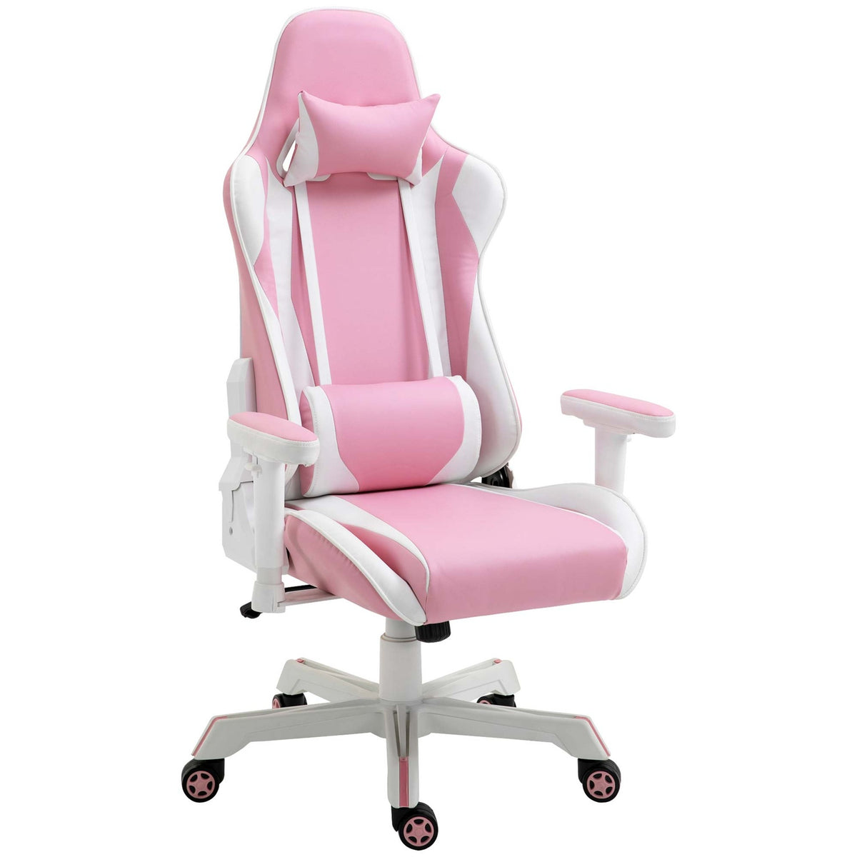 Gaming Chair Office Chair With Headrest, Lumbar Cushion, Height Adjustable, Foam, Faux Leather, Nylon, Pink+White, 71X73X128-138Cm