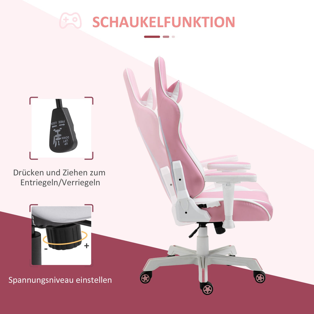 Gaming Chair Office Chair With Headrest, Lumbar Cushion, Height Adjustable, Foam, Faux Leather, Nylon, Pink+White, 71X73X128-138Cm