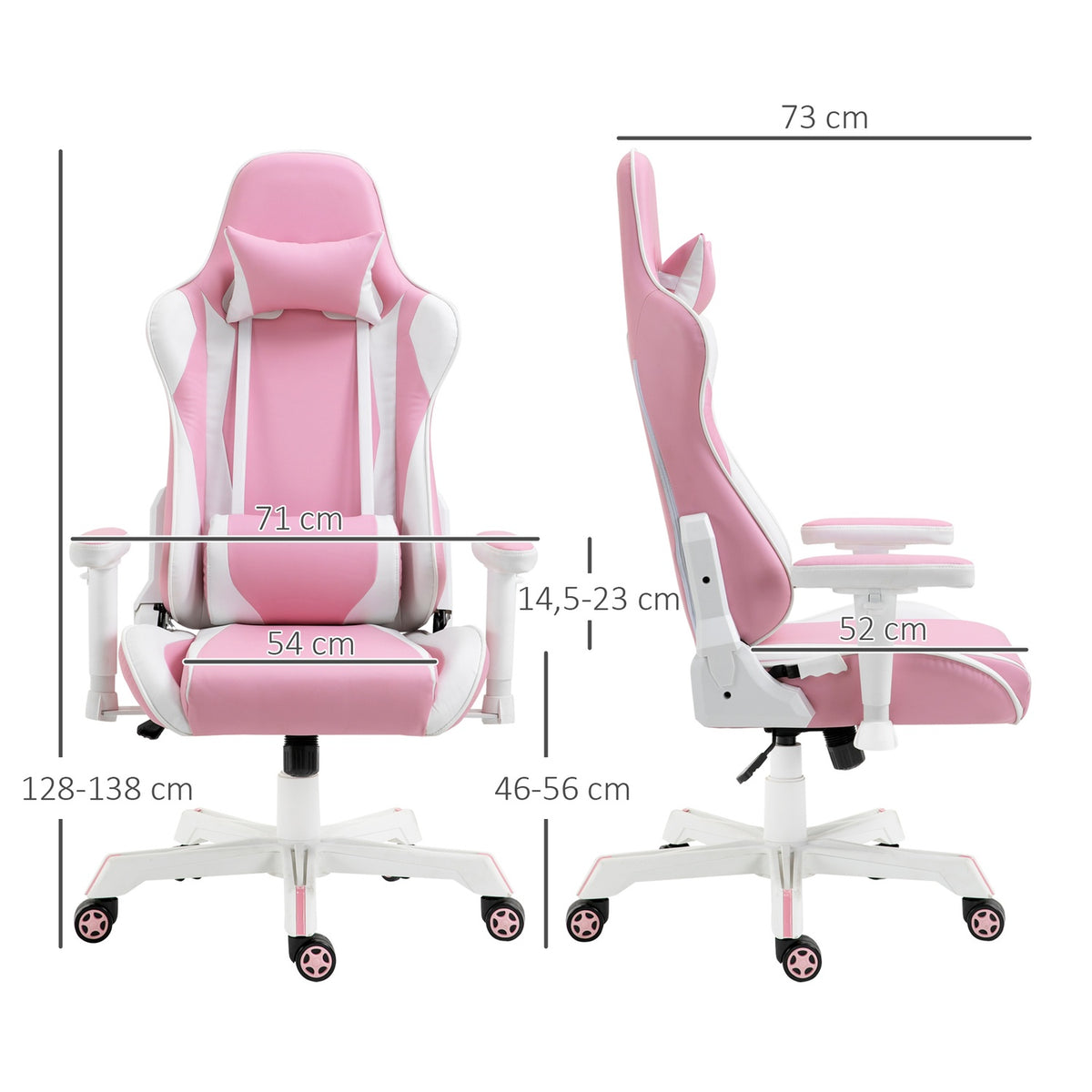 Gaming Chair Office Chair With Headrest, Lumbar Cushion, Height Adjustable, Foam, Faux Leather, Nylon, Pink+White, 71X73X128-138Cm