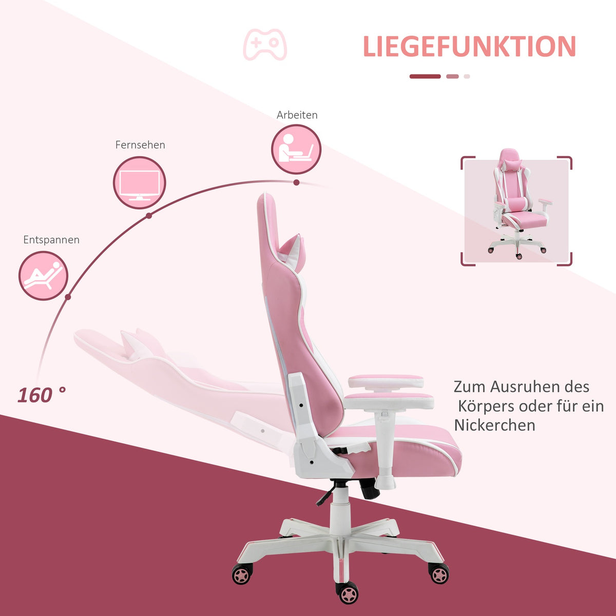Gaming Chair Office Chair With Headrest, Lumbar Cushion, Height Adjustable, Foam, Faux Leather, Nylon, Pink+White, 71X73X128-138Cm