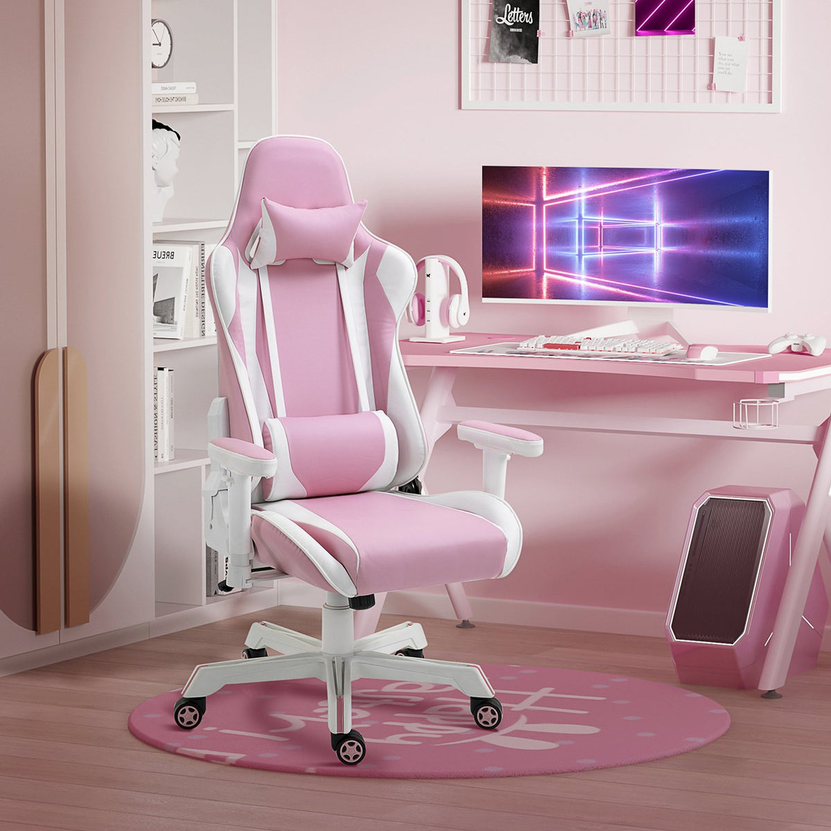 Gaming Chair Office Chair With Headrest, Lumbar Cushion, Height Adjustable, Foam, Faux Leather, Nylon, Pink+White, 71X73X128-138Cm