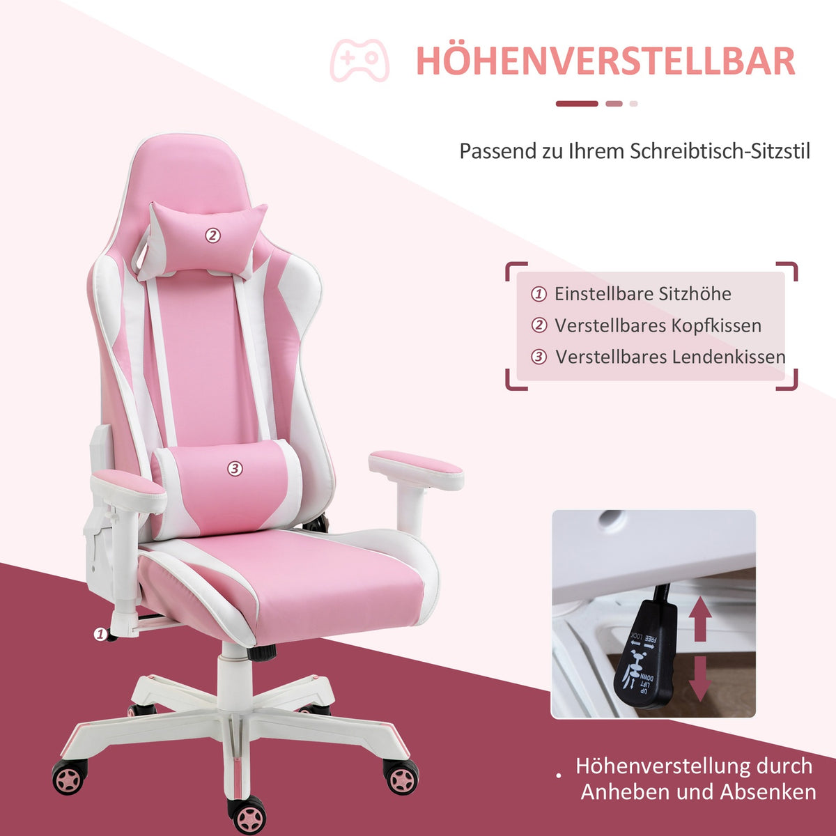 Gaming Chair Office Chair With Headrest, Lumbar Cushion, Height Adjustable, Foam, Faux Leather, Nylon, Pink+White, 71X73X128-138Cm