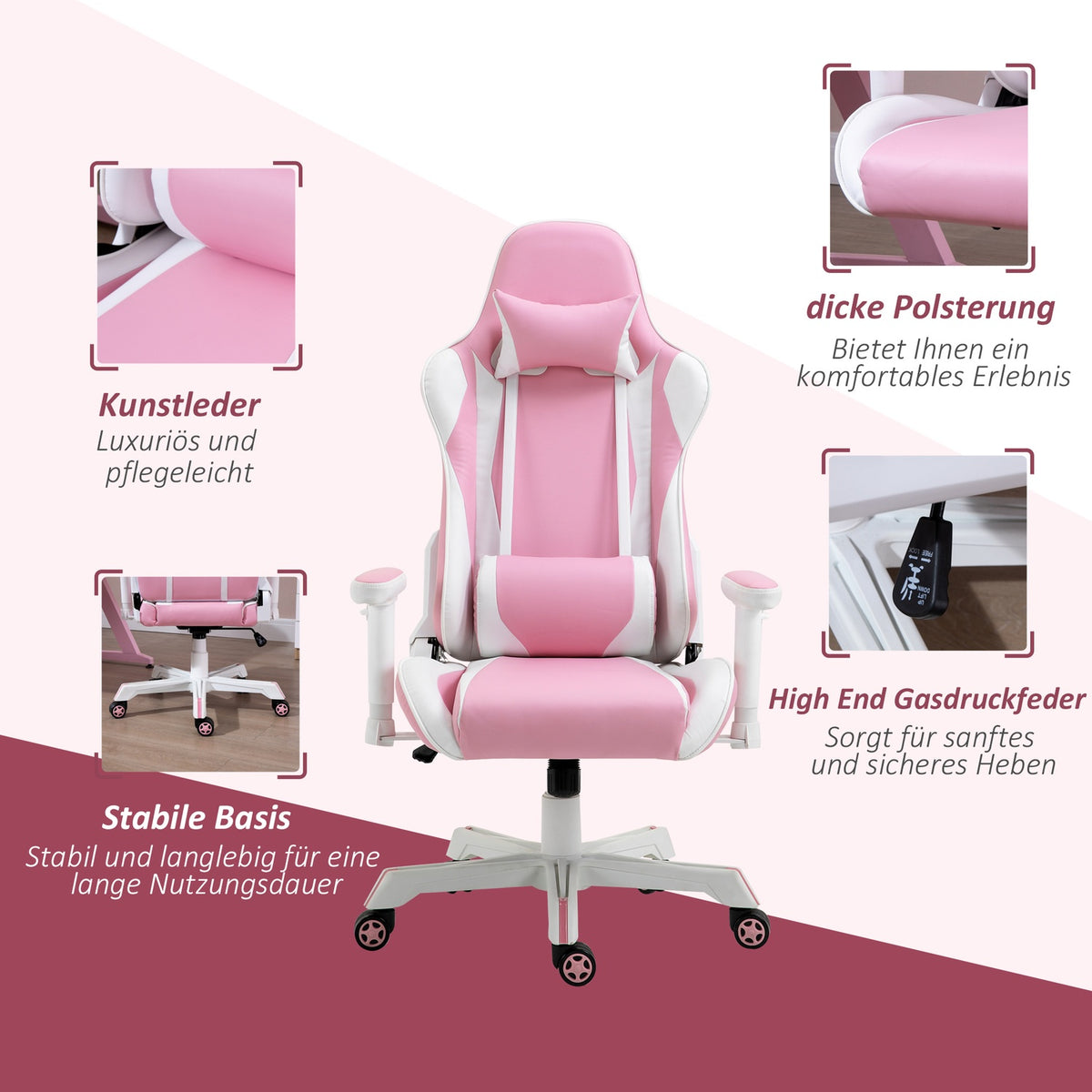 Gaming Chair Office Chair With Headrest, Lumbar Cushion, Height Adjustable, Foam, Faux Leather, Nylon, Pink+White, 71X73X128-138Cm