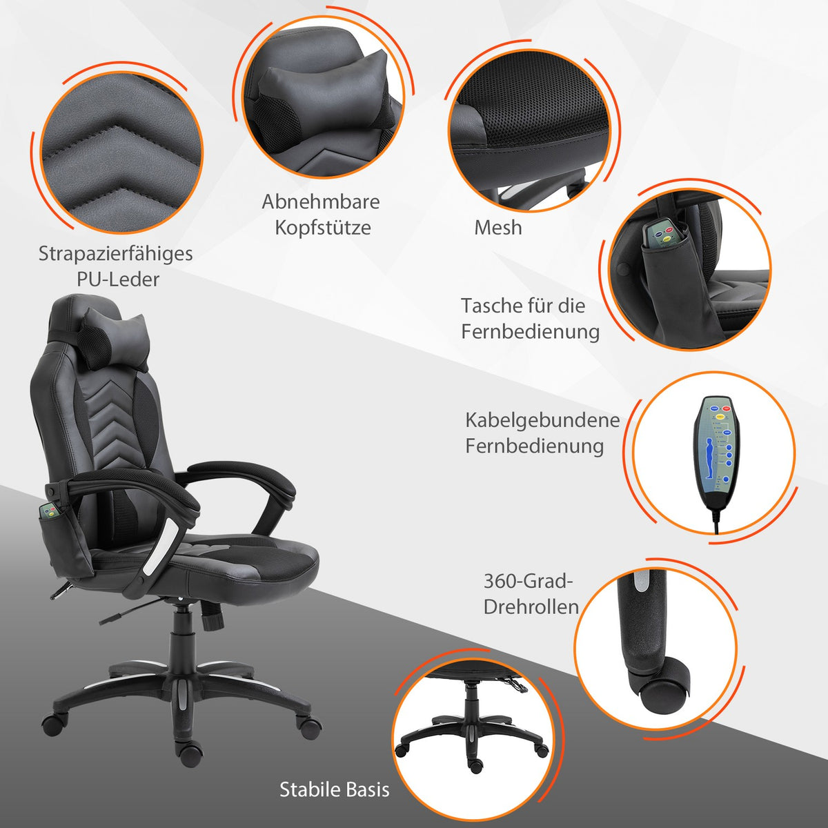 Gaming Chair Office Chair With Heat Function 6 Vibration Points Ergonomic Swivel Chair Massage Chair Faux Leather Black W68 X D69 X H (108-117) Cm