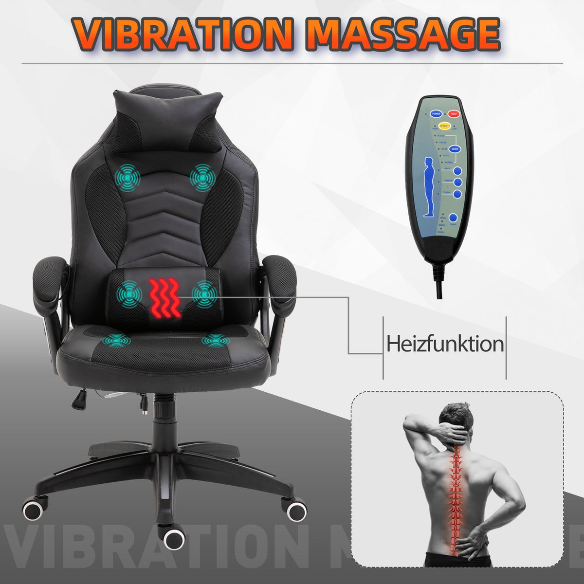 Gaming Chair Office Chair With Heat Function 6 Vibration Points Ergonomic Swivel Chair Massage Chair Faux Leather Black W68 X D69 X H (108-117) Cm