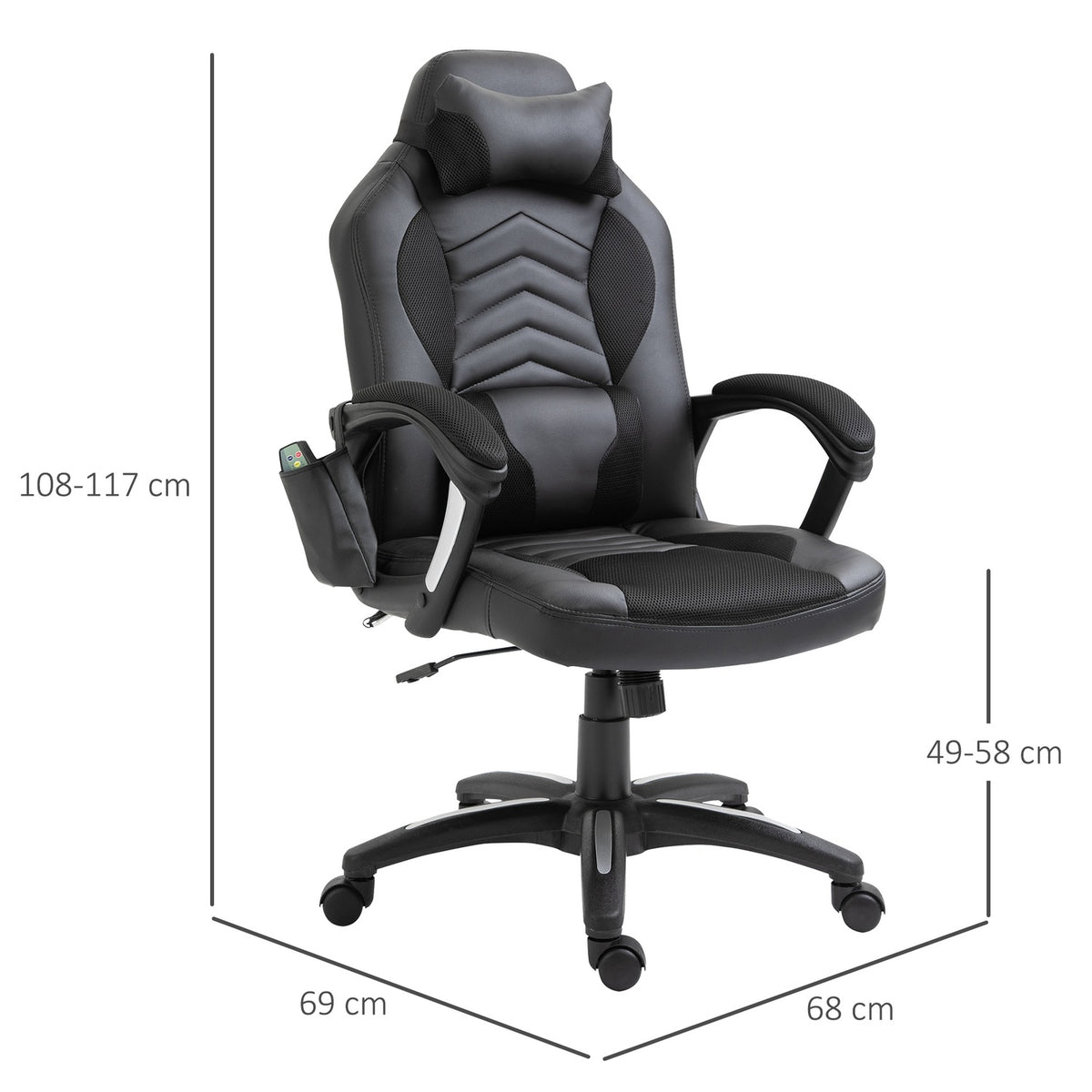 Gaming Chair Office Chair With Heat Function 6 Vibration Points Ergonomic Swivel Chair Massage Chair Faux Leather Black W68 X D69 X H (108-117) Cm