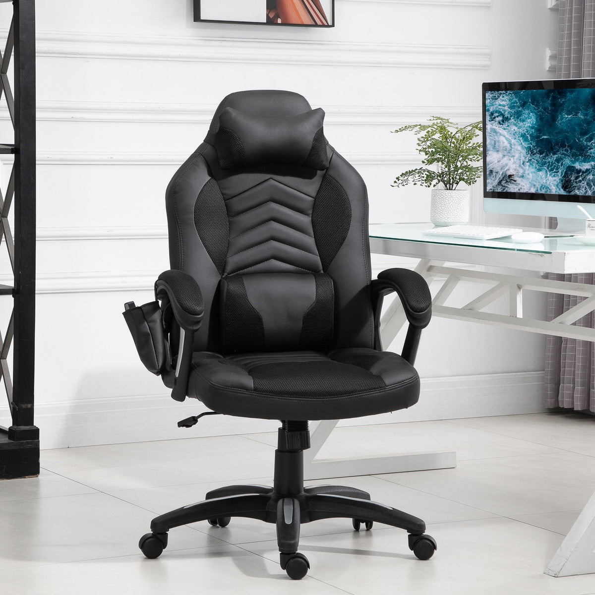 Gaming Chair Office Chair With Heat Function 6 Vibration Points Ergonomic Swivel Chair Massage Chair Faux Leather Black W68 X D69 X H (108-117) Cm