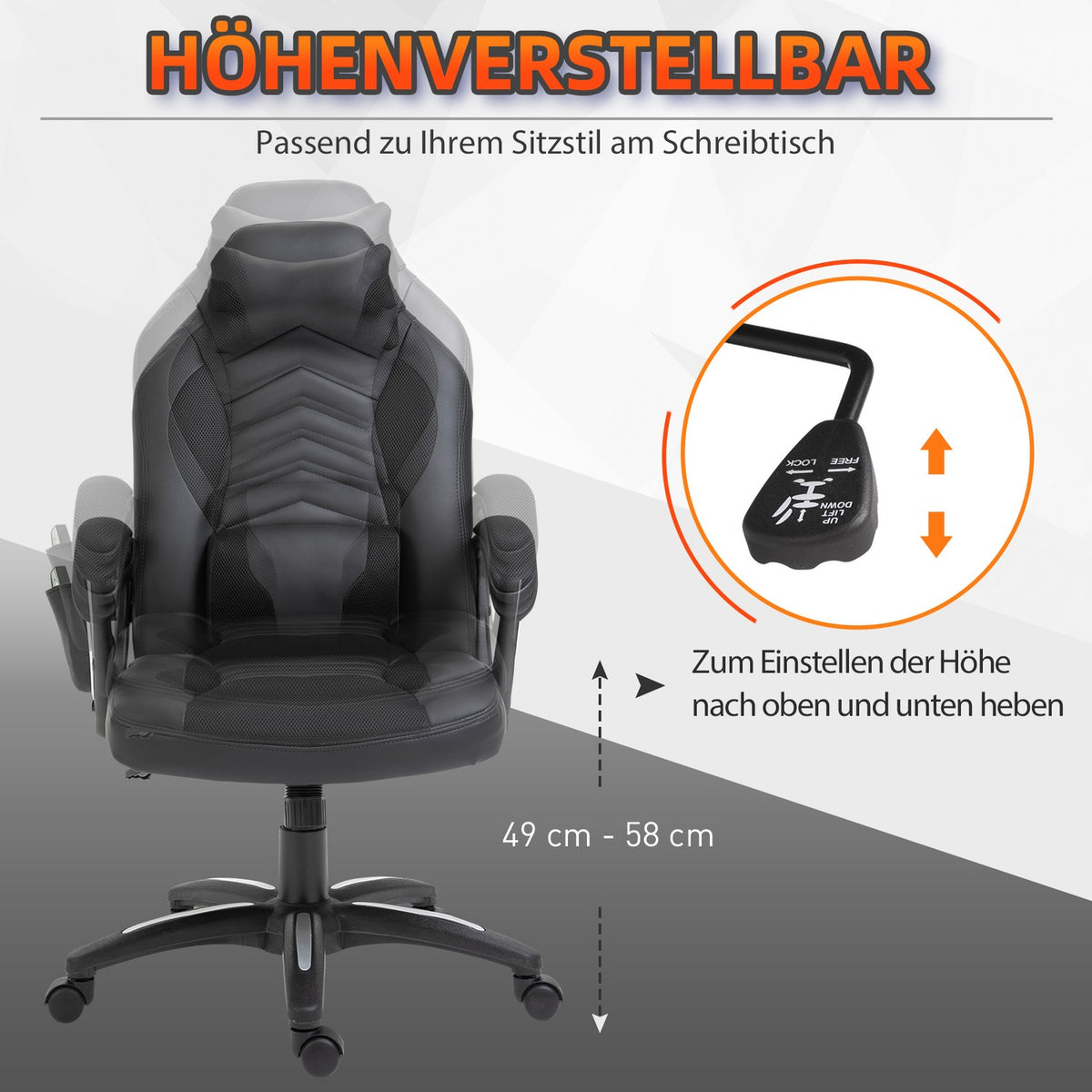Gaming Chair Office Chair With Heat Function 6 Vibration Points Ergonomic Swivel Chair Massage Chair Faux Leather Black W68 X D69 X H (108-117) Cm
