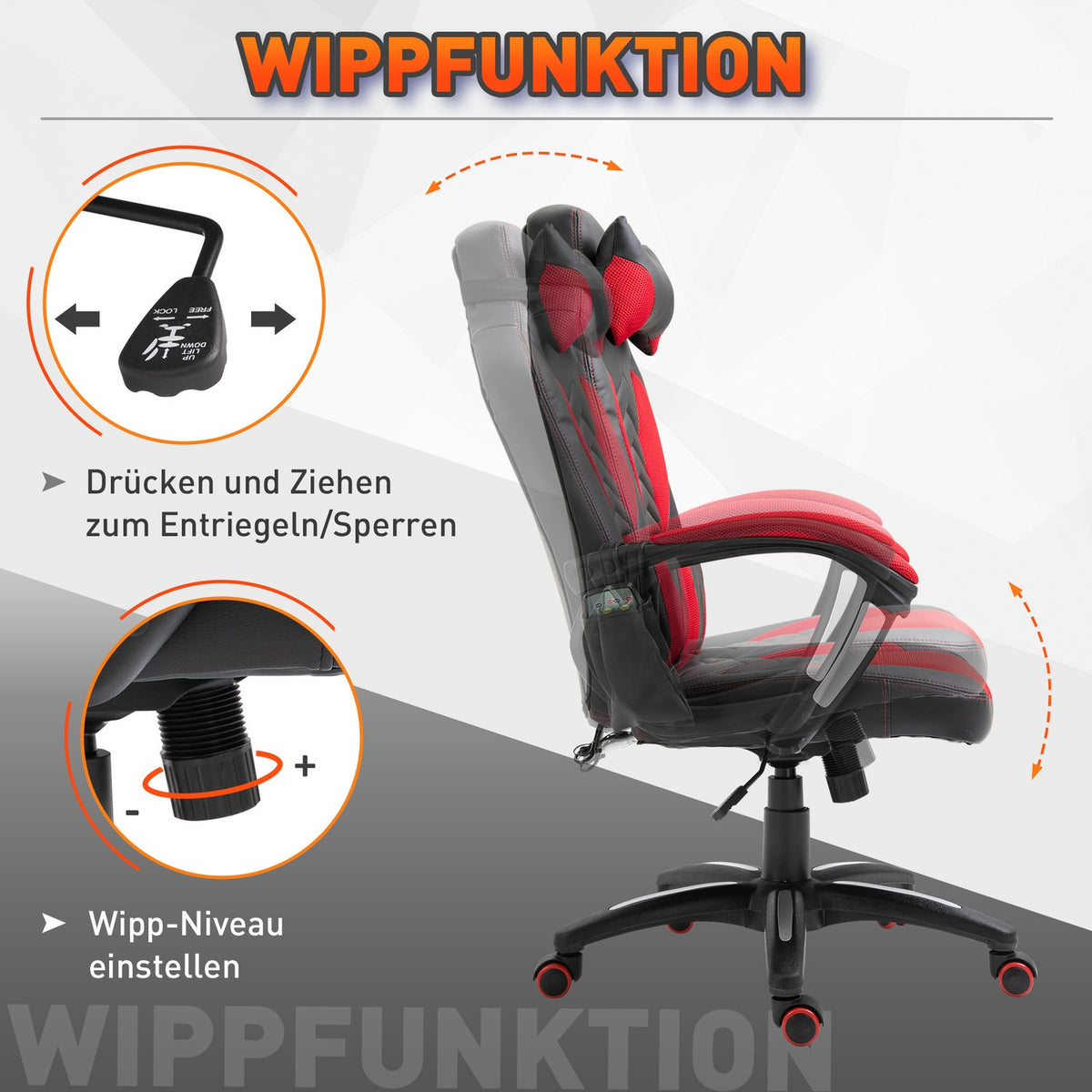 Gaming Chair Office Chair With Massage Function, Massage Chair, Heat Function, 6 Vibration Points, Pu, Red, 68X69X108-117Cm