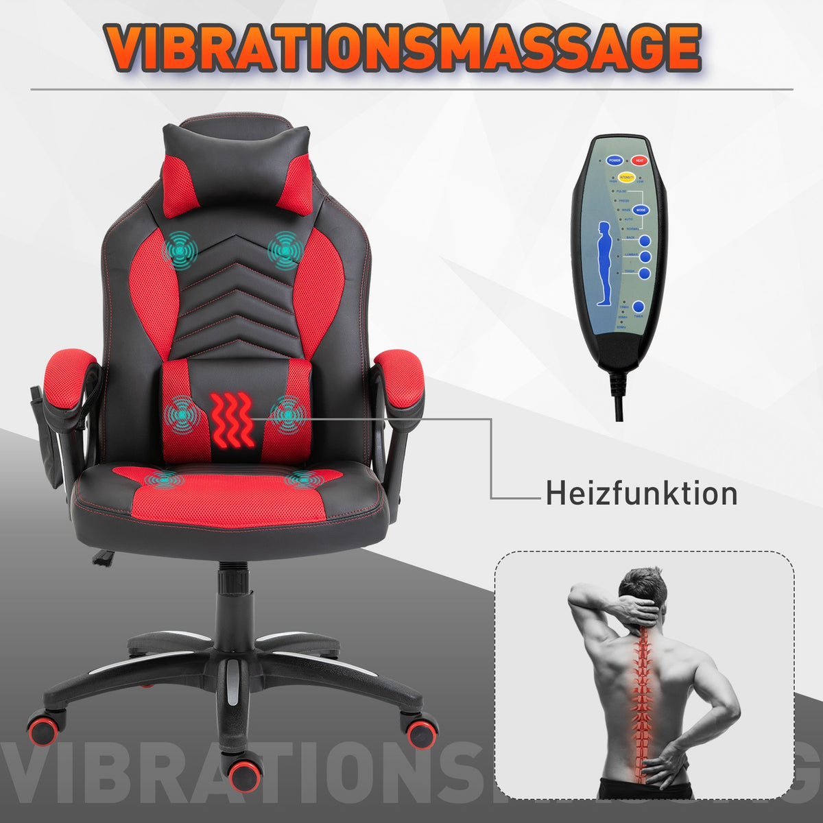 Gaming Chair Office Chair With Massage Function, Massage Chair, Heat Function, 6 Vibration Points, Pu, Red, 68X69X108-117Cm