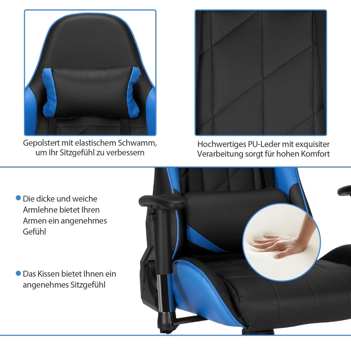 Gaming Chair, Racing Style, Adjustable Recline, Blue