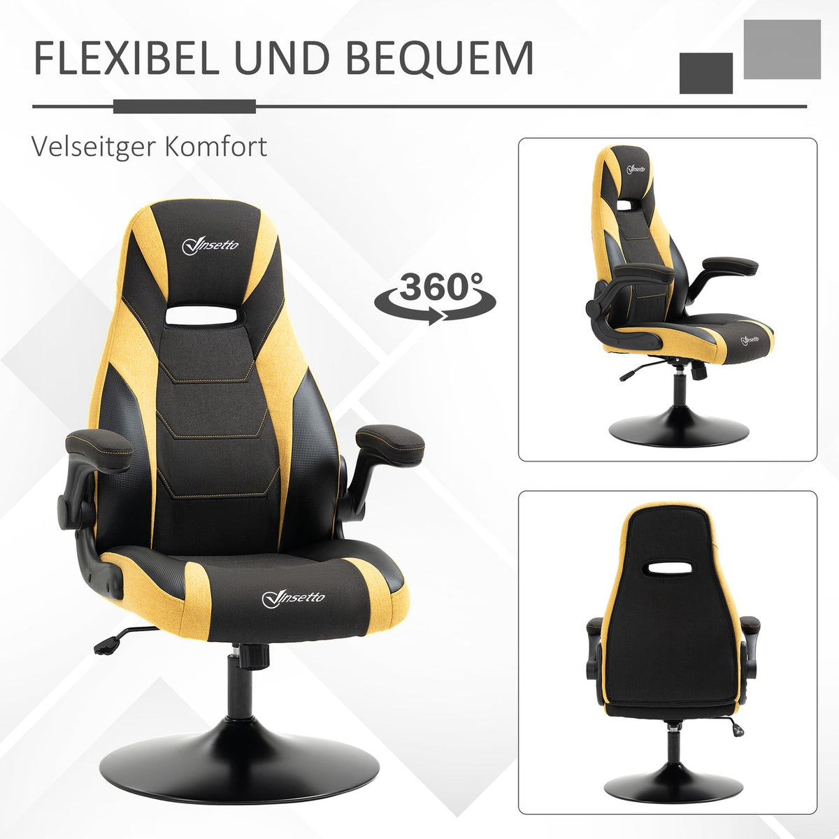 Gaming Chair Rocker Function, Height Adjustable 110-116 Cm, Rotatable, Faux Leather, Yellow+Black, For Playroom