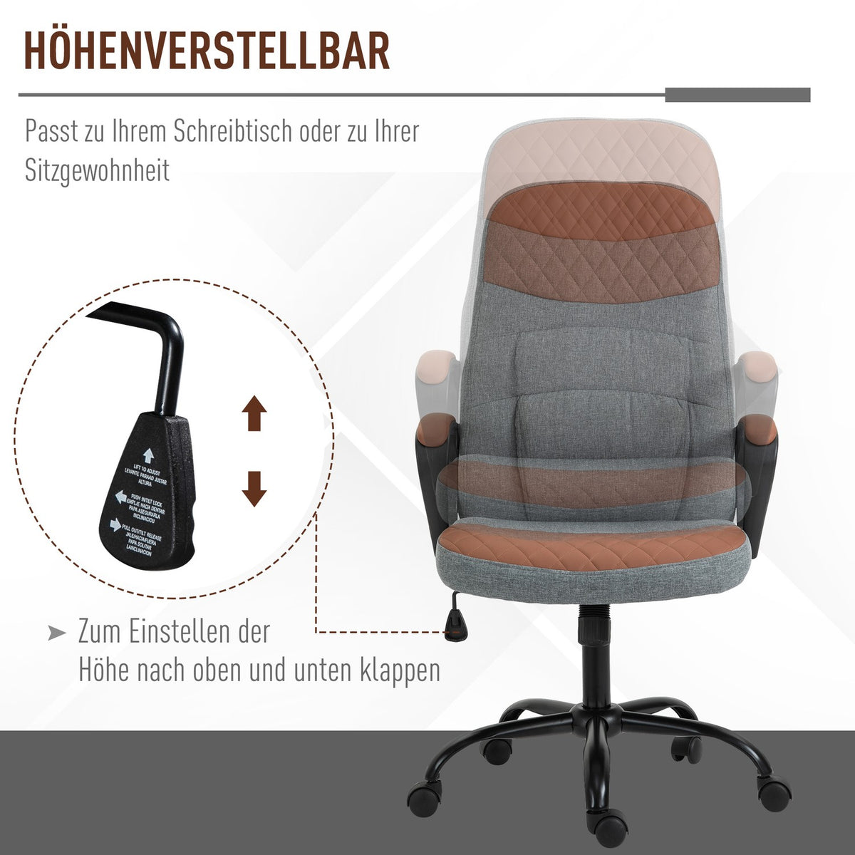 Gaming Chair Swivel Chair, Office Chair, Ergonomic, Pu Leather, Steel, Gray + Brown, 60X70X109-119Cm