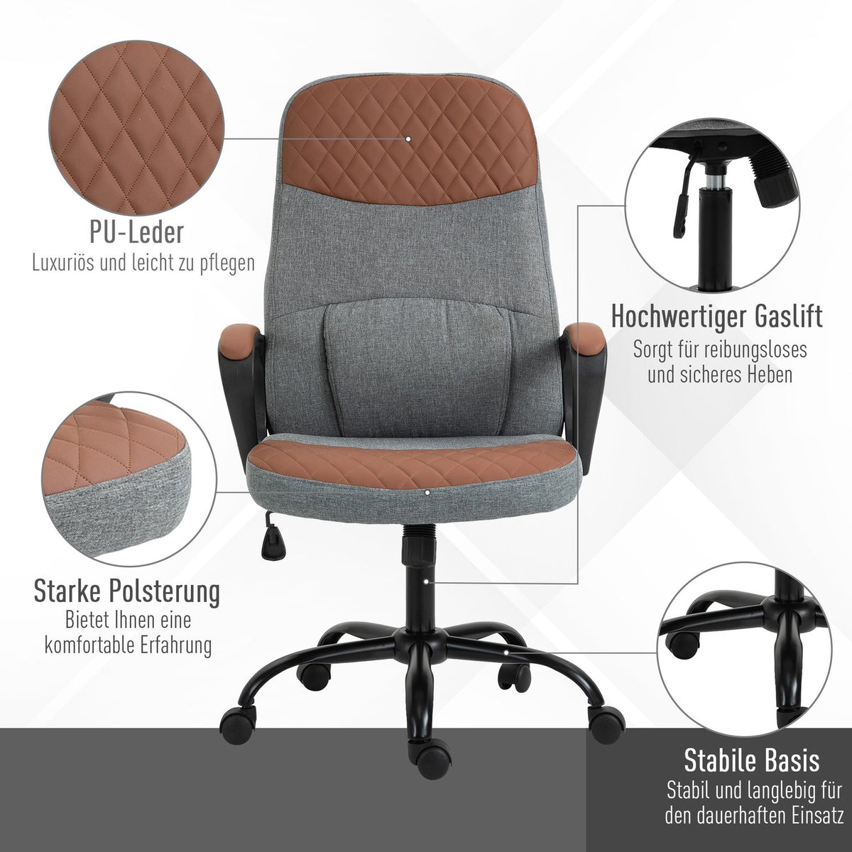 Gaming Chair Swivel Chair, Office Chair, Ergonomic, Pu Leather, Steel, Gray + Brown, 60X70X109-119Cm
