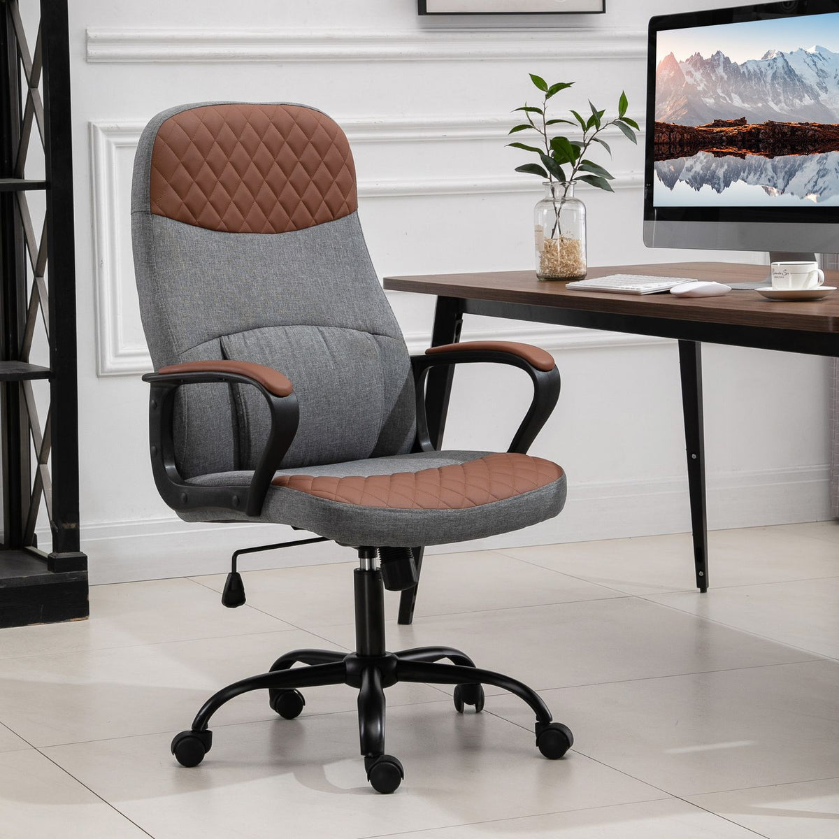 Gaming Chair Swivel Chair, Office Chair, Ergonomic, Pu Leather, Steel, Gray + Brown, 60X70X109-119Cm
