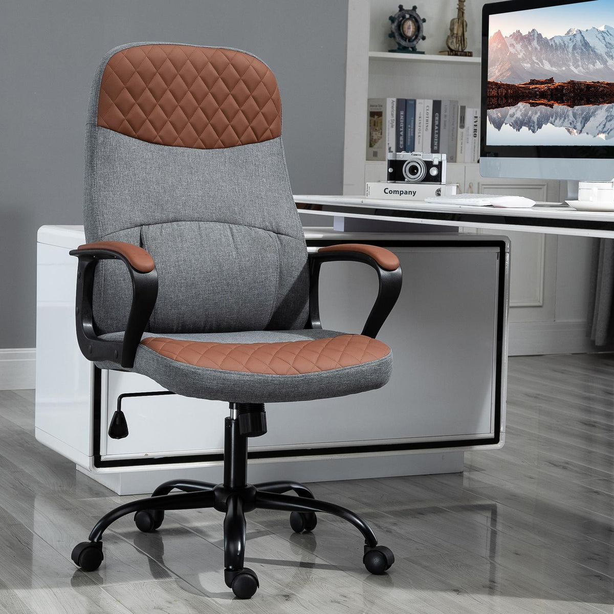 Gaming Chair Swivel Chair, Office Chair, Ergonomic, Pu Leather, Steel, Gray + Brown, 60X70X109-119Cm