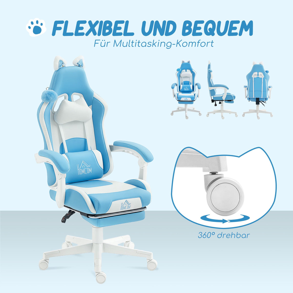 Gaming Chair With Cat Ears, 135 Recline, Footrest