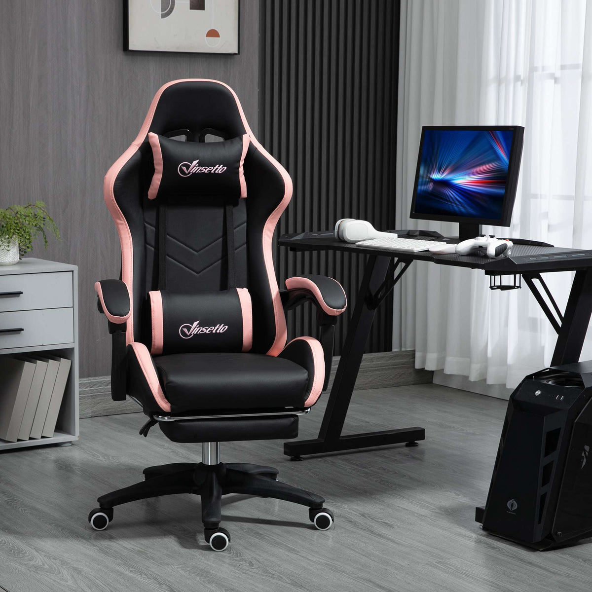 Gaming Chair With Footrest, 135 Recline, Pink and Black