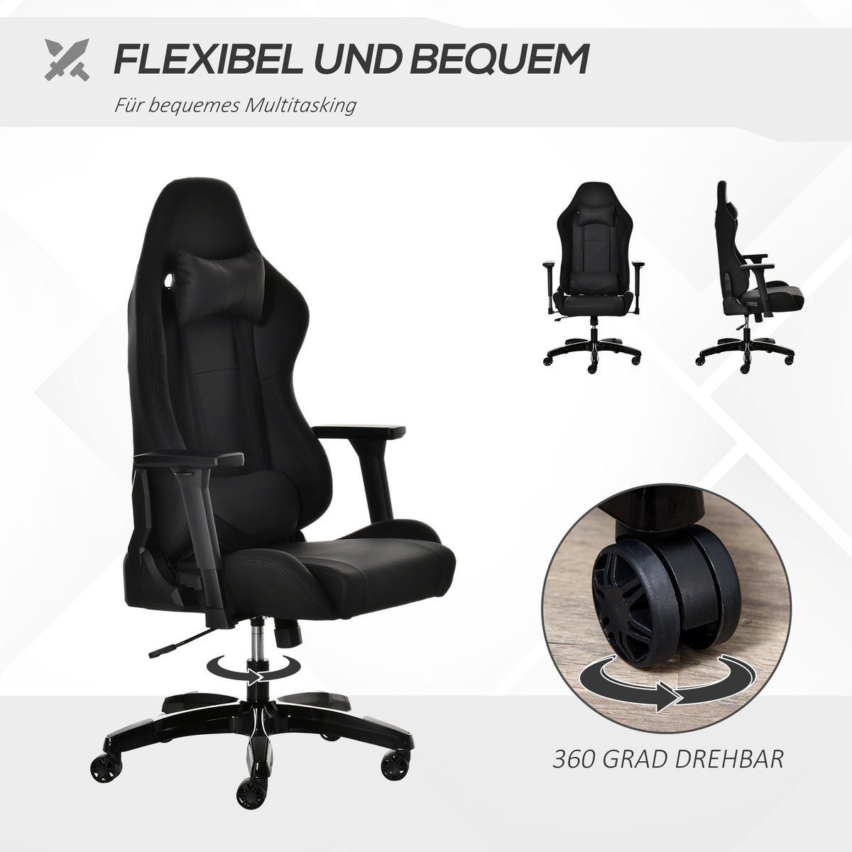Gaming Chair With Rocker And Reclining Function, Height-Adjustable Office Chair, Ergonomic Swivel Chair, 90-160° Tilt Angle, Faux Leather 71X58X125-131Cm