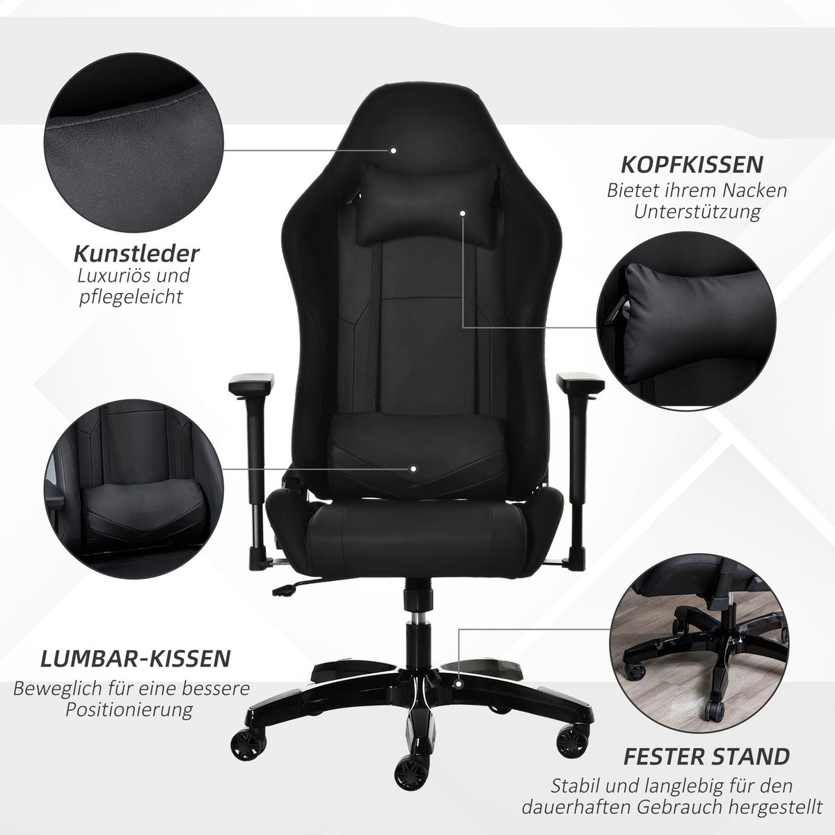 Gaming Chair With Rocker And Reclining Function, Height-Adjustable Office Chair, Ergonomic Swivel Chair, 90-160° Tilt Angle, Faux Leather 71X58X125-131Cm