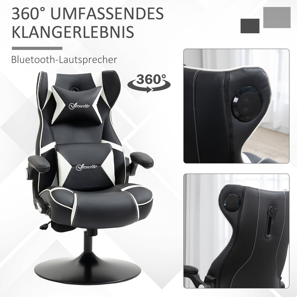Gaming Chair With Rocker Function, Height-Adjustable Office Chair, Ergonomic Computer Chair With Speaker, Lumbar And Neck Support, Faux Leather