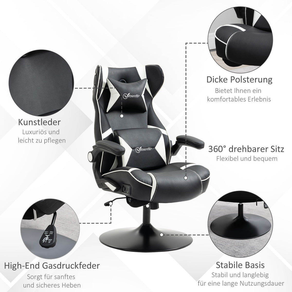 Gaming Chair With Rocker Function, Height-Adjustable Office Chair, Ergonomic Computer Chair With Speaker, Lumbar And Neck Support, Faux Leather