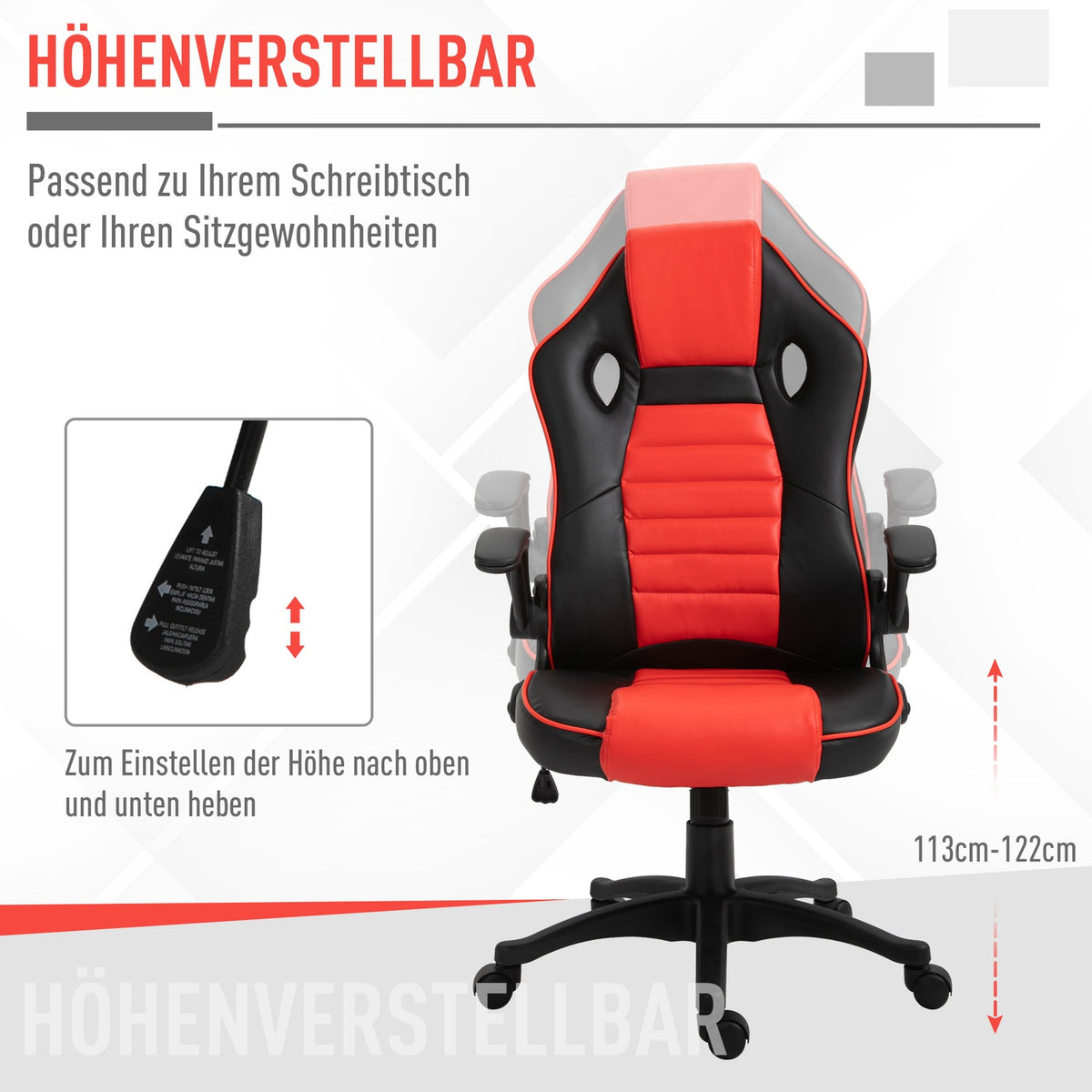 Gaming Chair With Rocker Function Racing Chair Ergonomic Office Chair Armrests Height Adjustable Faux Leather Red + Black 66.5 X 66 X 113-122 Cm