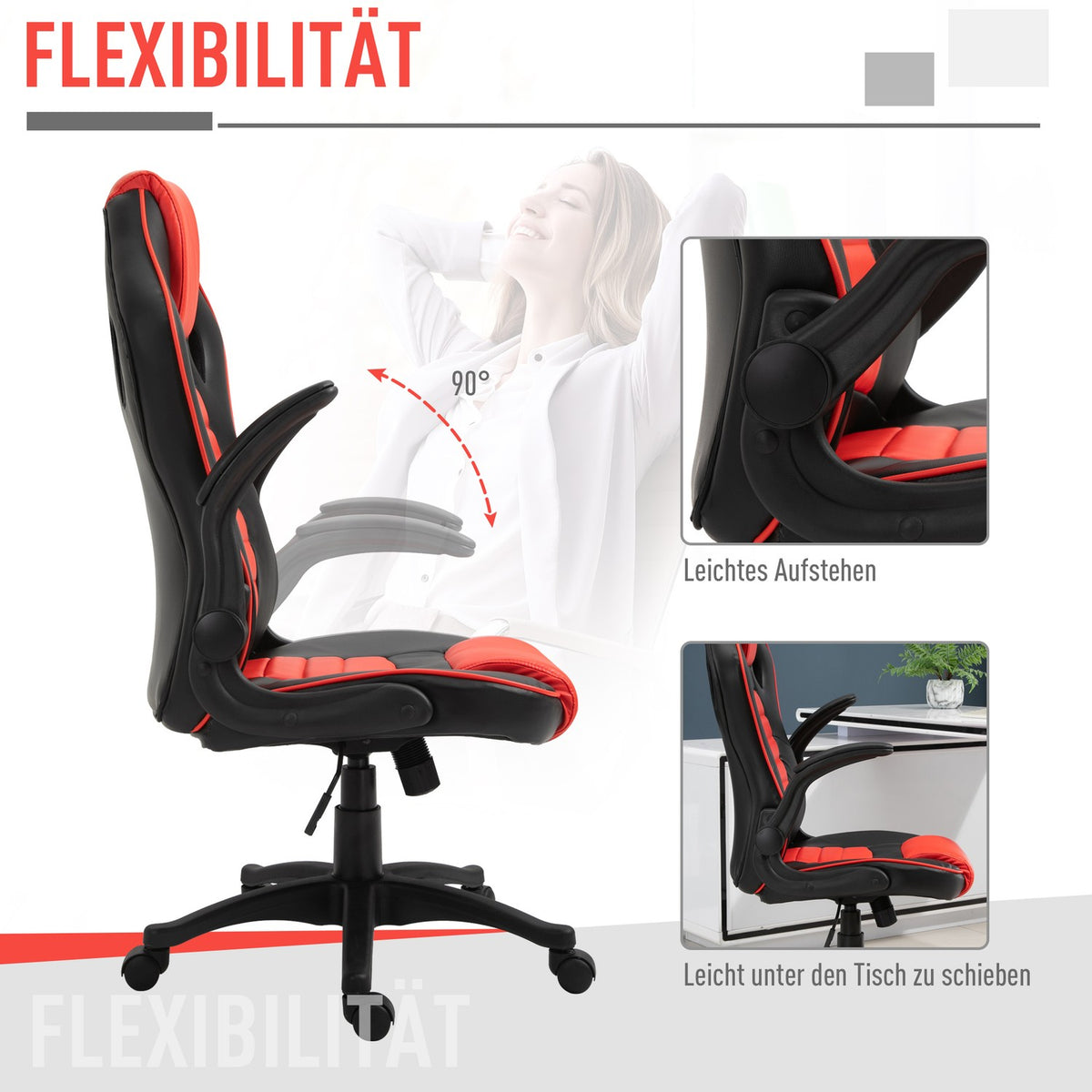 Gaming Chair With Rocker Function Racing Chair Ergonomic Office Chair Armrests Height Adjustable Faux Leather Red + Black 66.5 X 66 X 113-122 Cm
