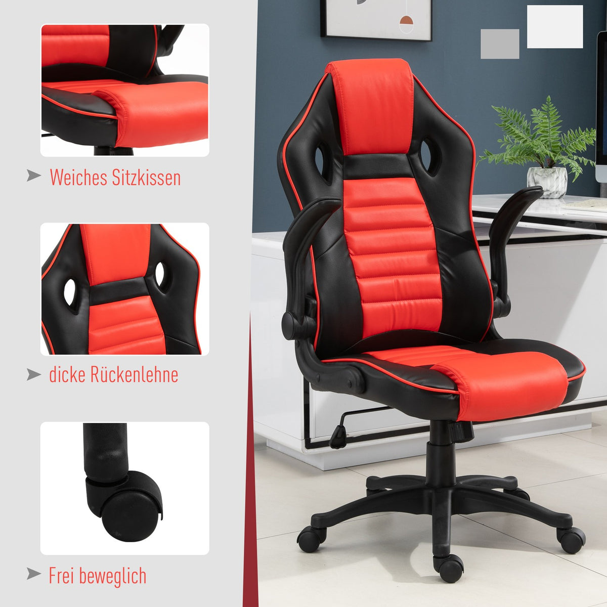 Gaming Chair With Rocker Function Racing Chair Ergonomic Office Chair Armrests Height Adjustable Faux Leather Red + Black 66.5 X 66 X 113-122 Cm