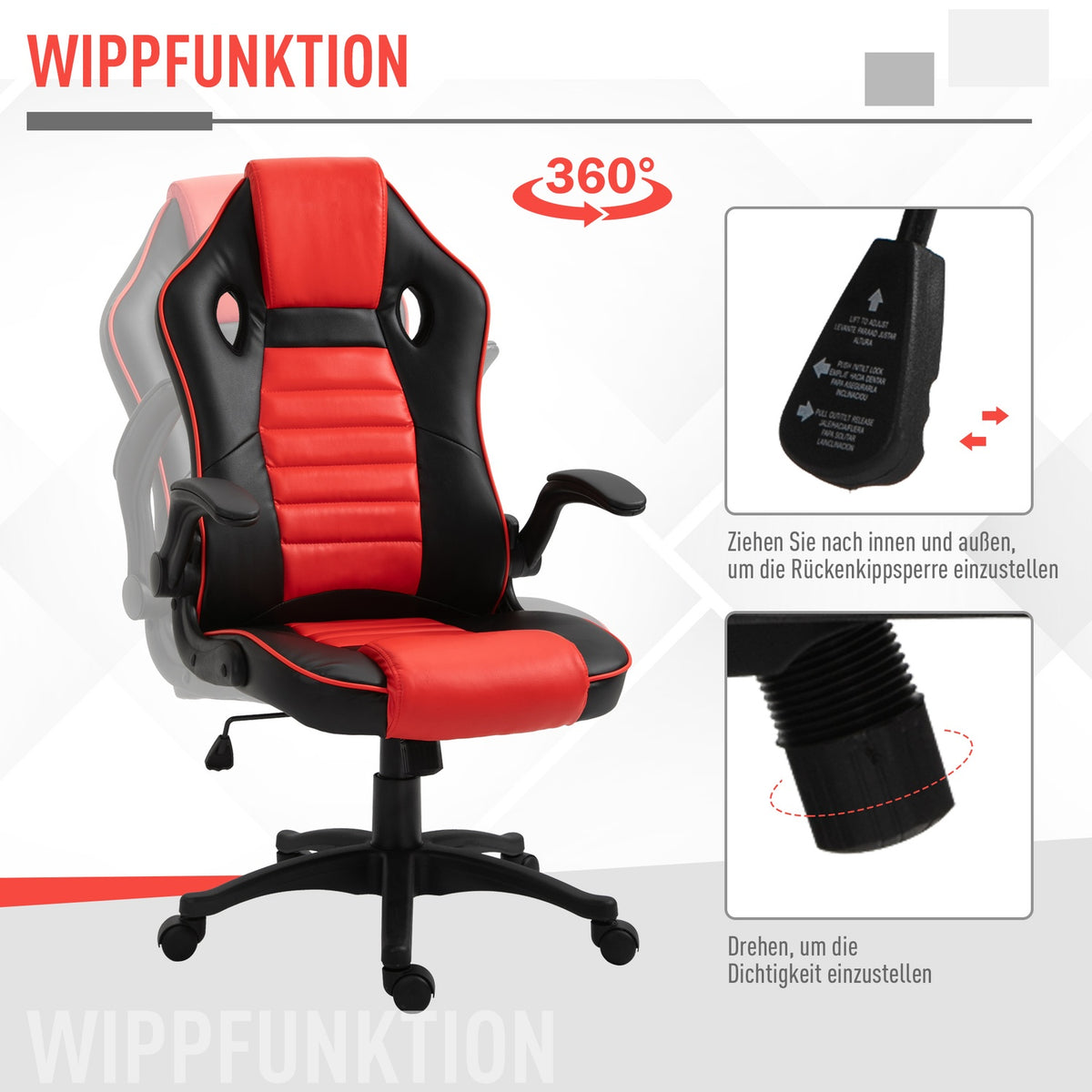 Gaming Chair With Rocker Function Racing Chair Ergonomic Office Chair Armrests Height Adjustable Faux Leather Red + Black 66.5 X 66 X 113-122 Cm
