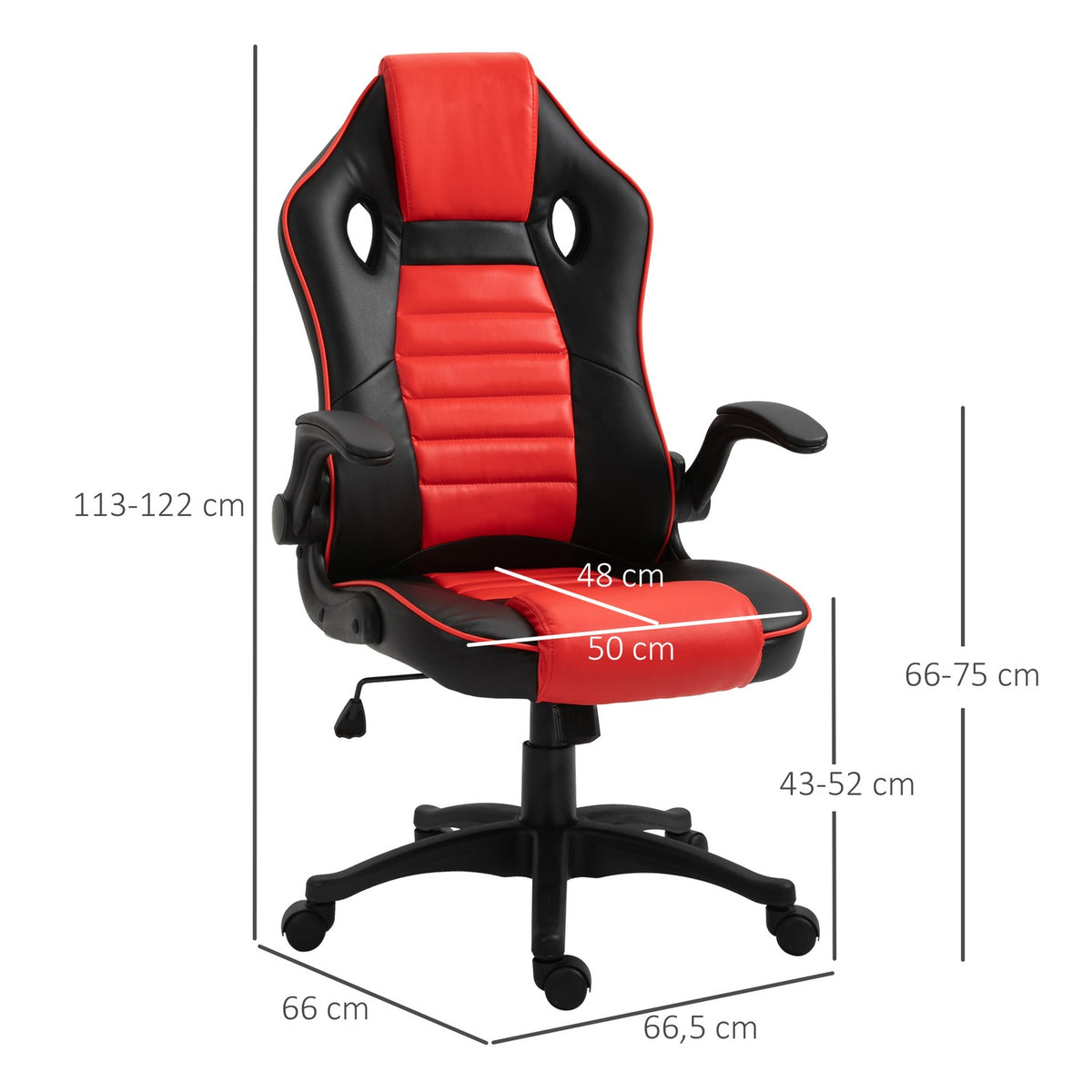 Gaming Chair With Rocker Function Racing Chair Ergonomic Office Chair Armrests Height Adjustable Faux Leather Red + Black 66.5 X 66 X 113-122 Cm