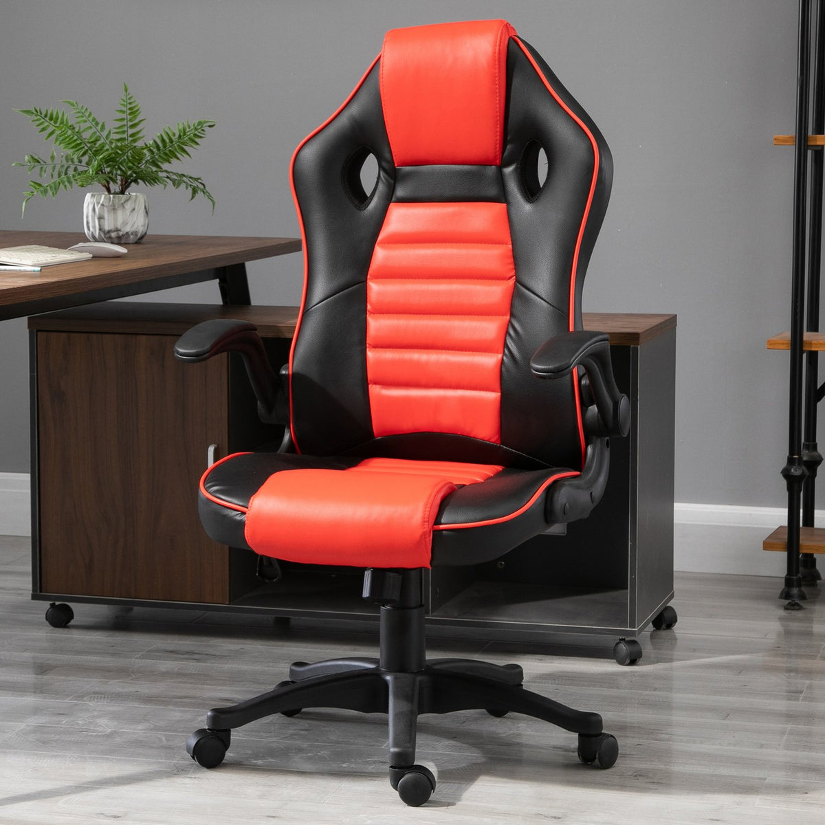 Gaming Chair With Rocker Function Racing Chair Ergonomic Office Chair Armrests Height Adjustable Faux Leather Red + Black 66.5 X 66 X 113-122 Cm