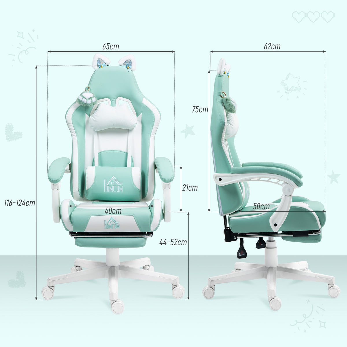 Gaming Chair with Cat Ears, Reclining, Footrest, 120kg Capacity
