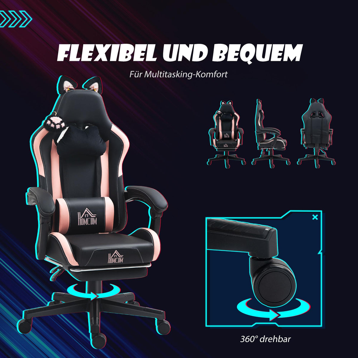 Gaming Chair with Cat Ears, Reclining, Footrest, Pink/Black