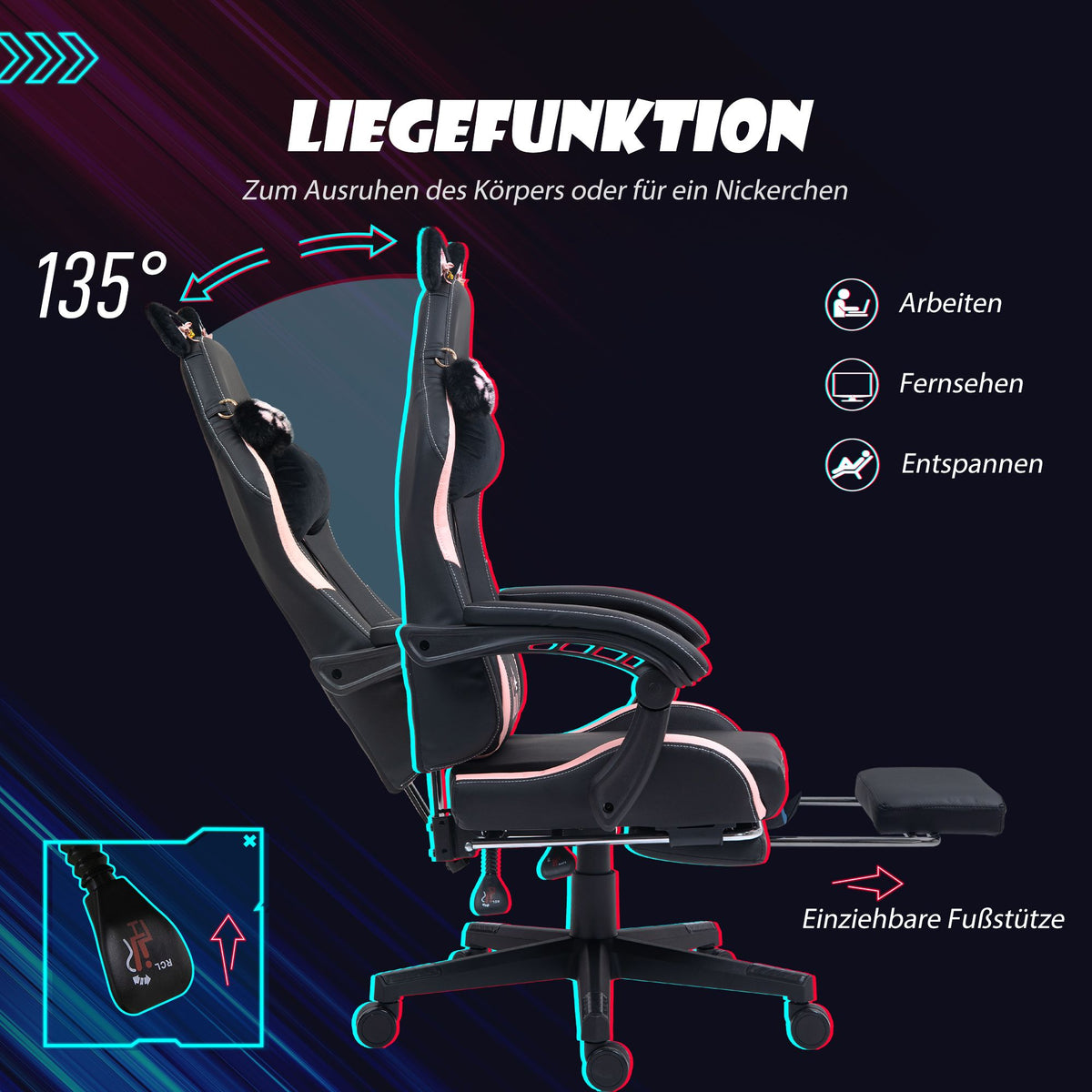 Gaming Chair with Cat Ears, Reclining, Footrest, Pink/Black