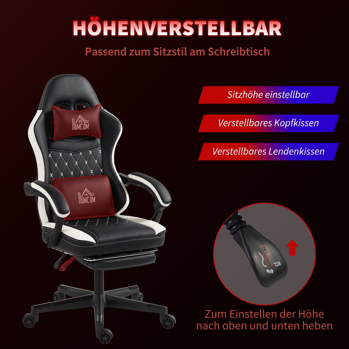 Gaming Chair with Footrest, Headrest & Cushion, Black/White