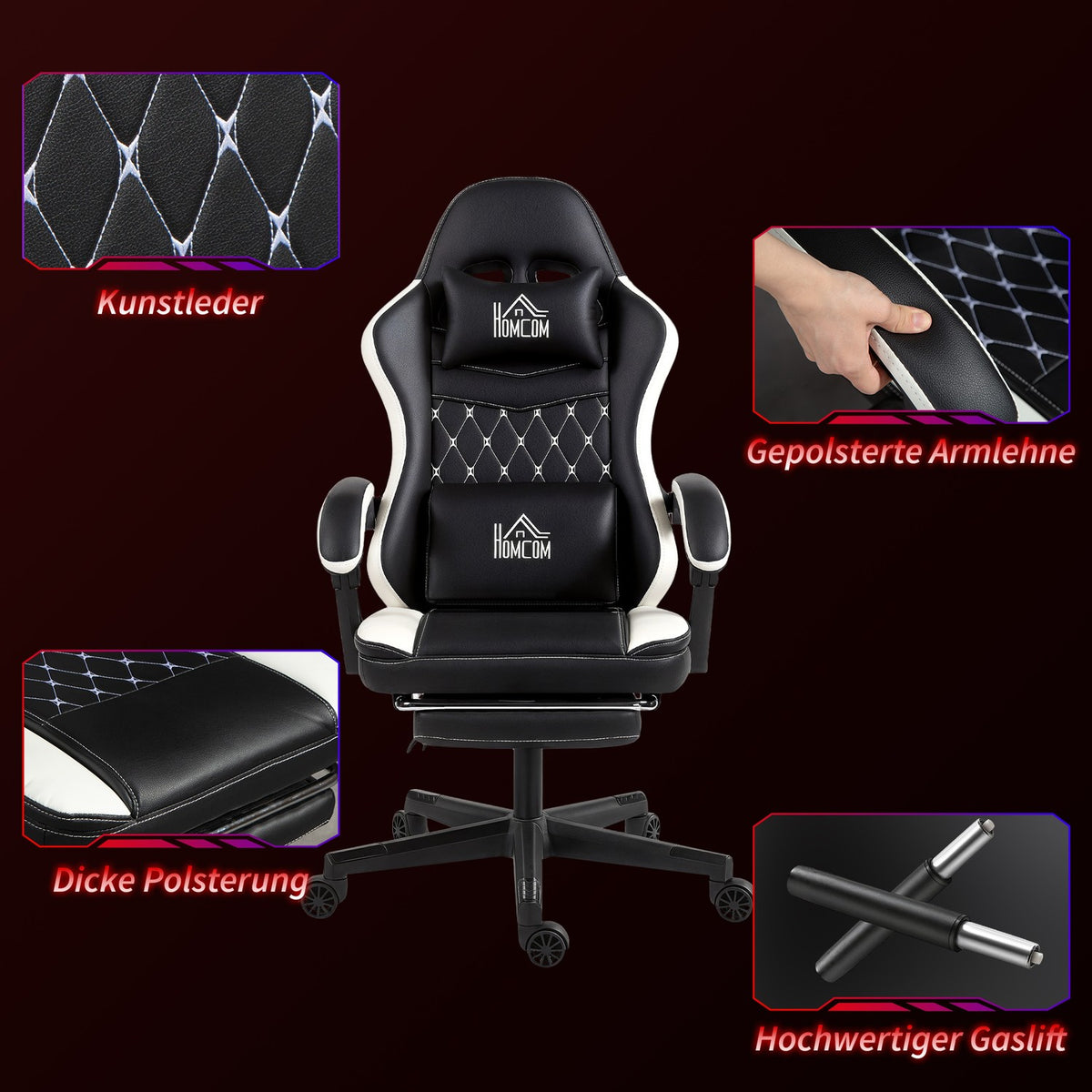Gaming Chair with Footrest, Headrest & Cushion, Black/White