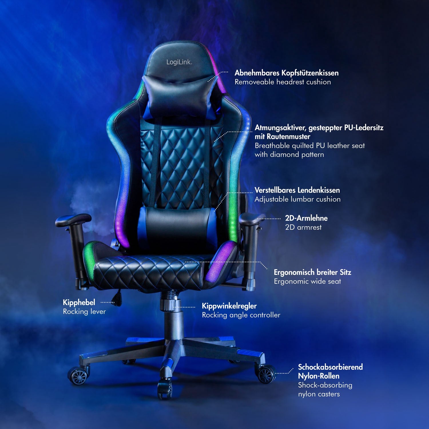 Gaming Chair with RGB Lighting, Black/Blue, Ergonomic Design