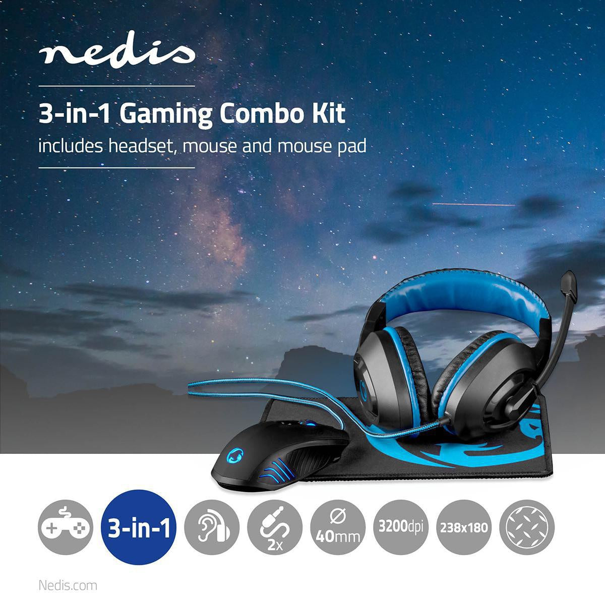 Gaming Combo Kit | 3-in-1 | Headset, mouse and mouse pad | Blue / Black
